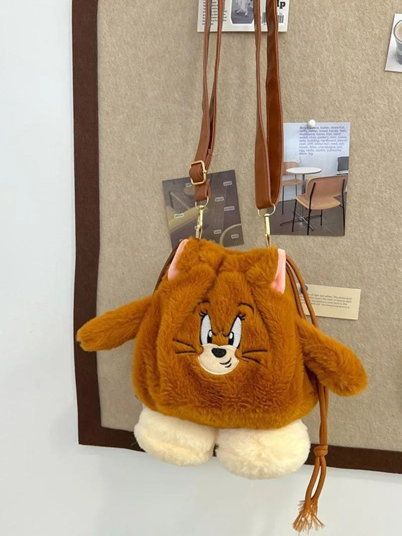 sac à main en peluche à cordon de serrage, mignon, sac d'automne, poupée de dessin animé, sac à bandoulière simple, petit sac de rangement pour filles