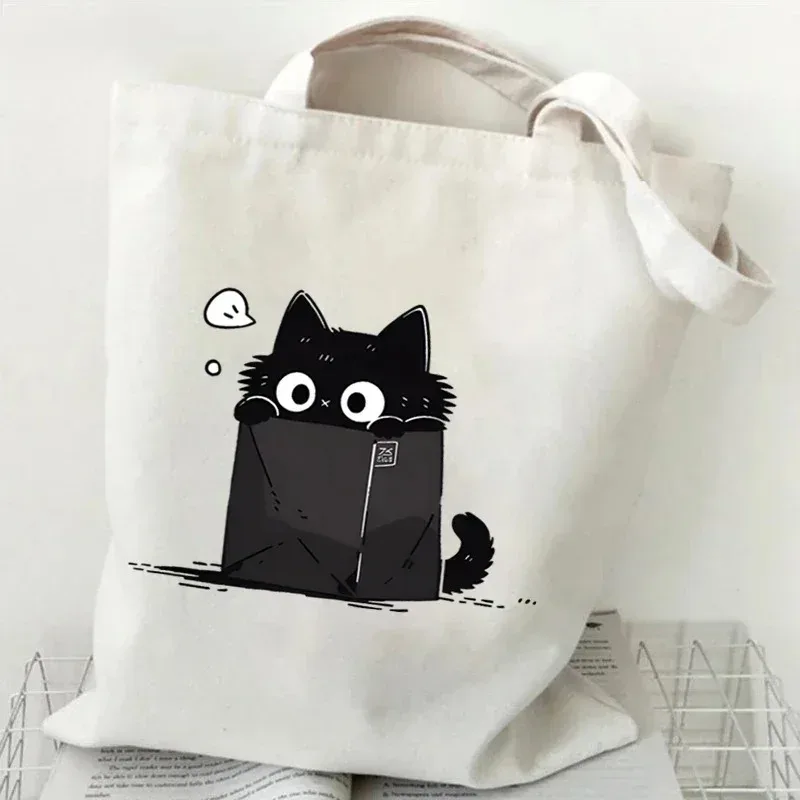 sac fourre-tout en toile imprimé chat, motif chat de dessin animé mignon, sac à bandoulière pour les courses quotidiennes, pour les amoureux des animaux de compagnie, bolso grande mujer