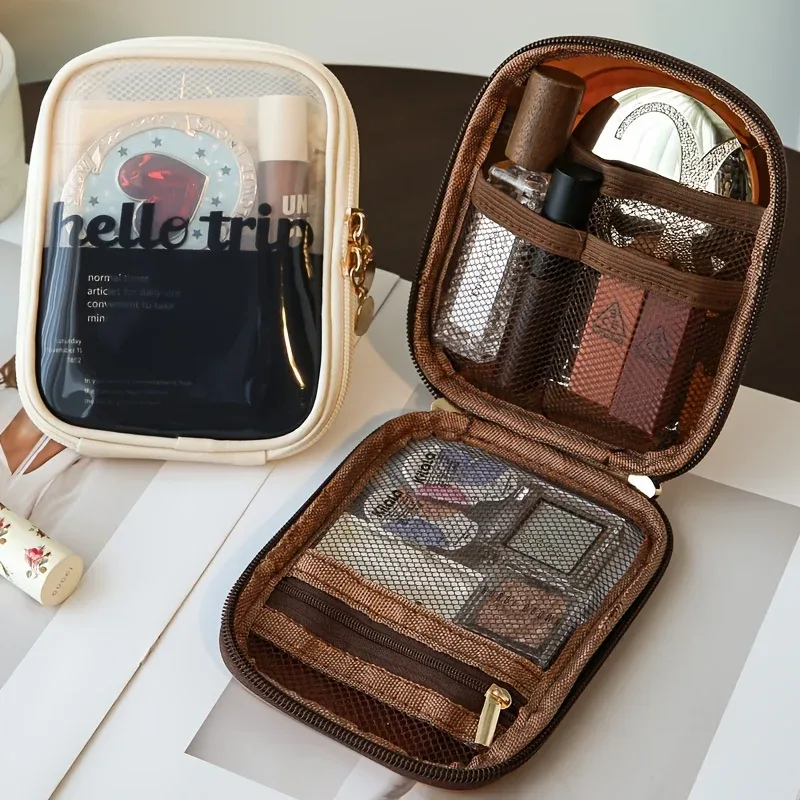 Trousse Toilette PVC Beige Motif Transparent Poignée Dorée Cosmétiques Maquillage Voyage Usage Polyvalent Conception Portable Durabilité Organisé Rouges Lèvres Fards Paupières Miroir