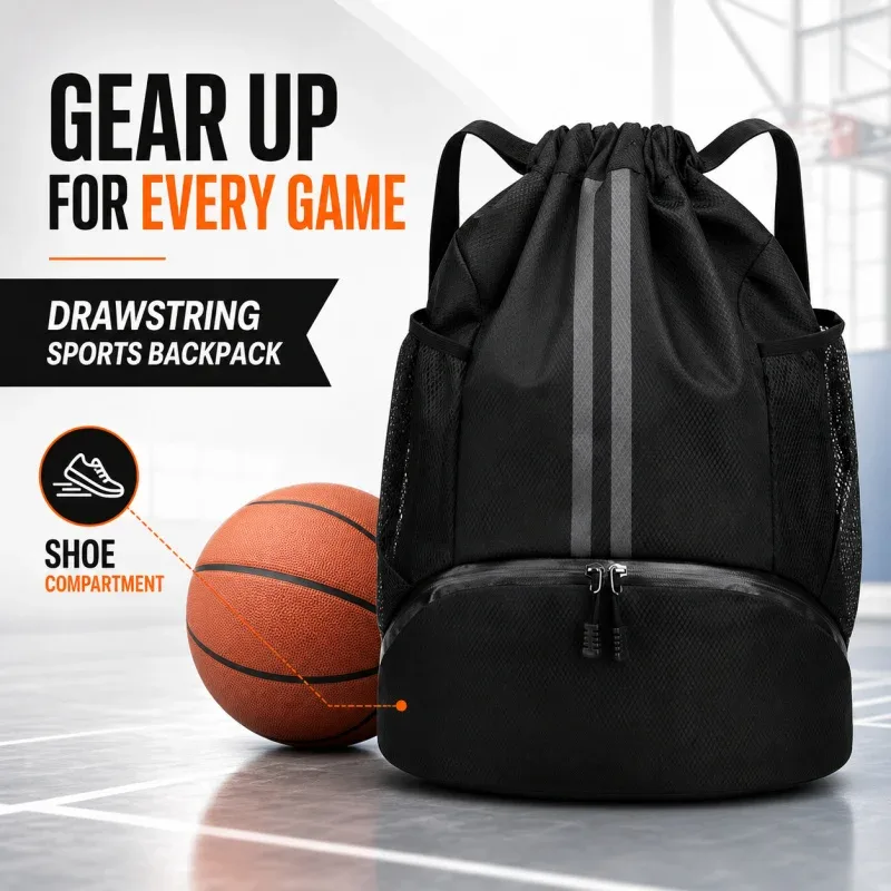 Sac à dos de basketball avec cordon de serrage et compartiment à chaussures, sac de sport à séparation humide/sec pour la natation, l'entraînement et le fitness