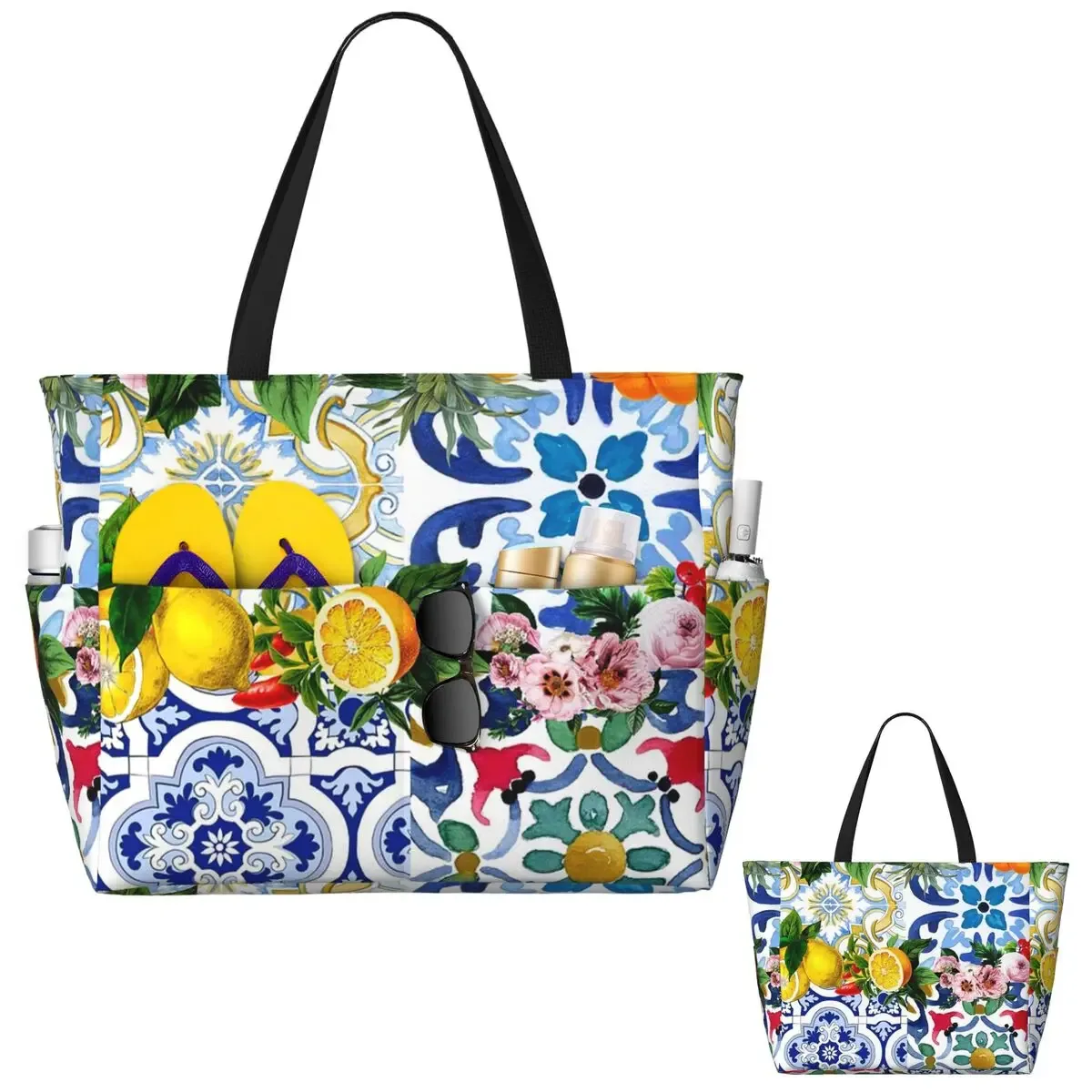carreaux siciliens, méditerranéens, mosaïque, limons, sac fourre-tout de plage, sport, gymnastique, yoga, grand fourre-tout, sac de voyage pour femmes, sac de fitness