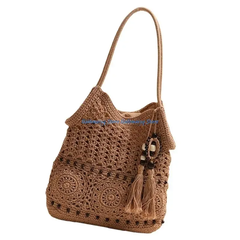 sac voyage polyester coton tricoté beige motifs floraux perles noires bandoulière femme plage activités plein air polyvalent