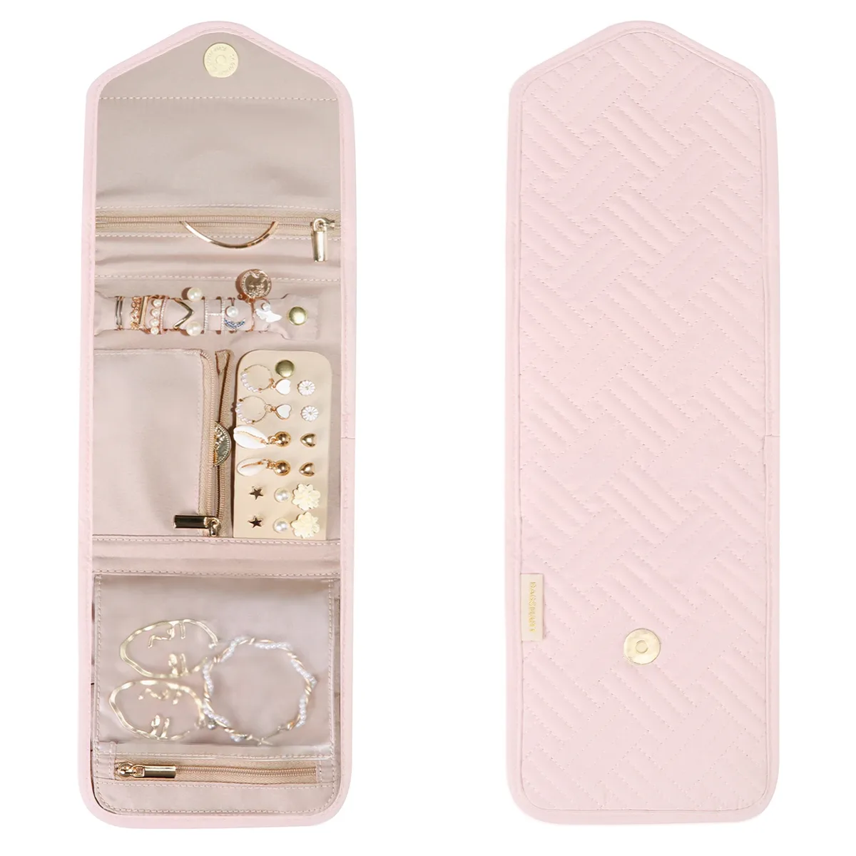 trousse toilette flanelle polyester noire beige geometrique matelasse portable voyage cosmétiques bijoux ornement doré perles blancs