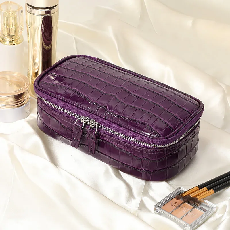 Sac cosmétique pour femme en cuir croco violet, trousse de toilette de voyage en cuir brillant avec poignée, idéal pour les voyages et l'usage quotidien