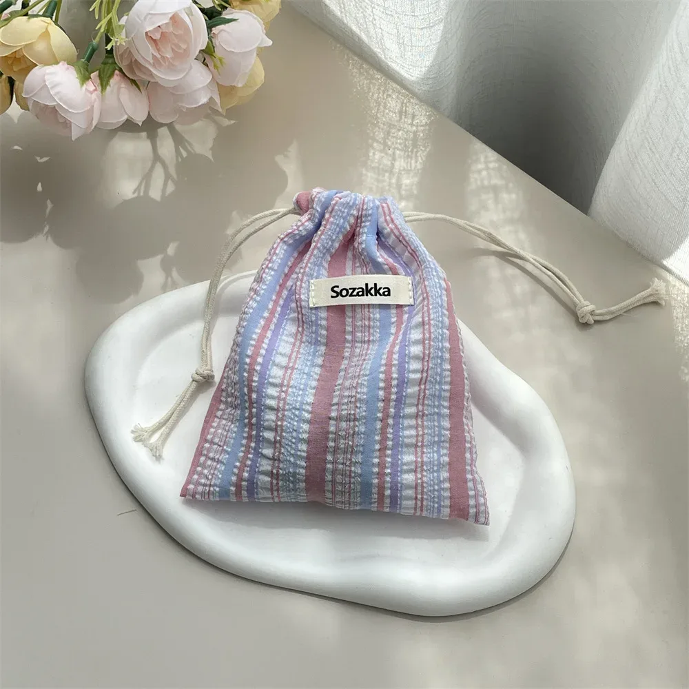 sac à cordon rayé mignon, organisateur de cosmétiques de voyage pour rouge à lèvres, porte-cartes, porte-monnaie