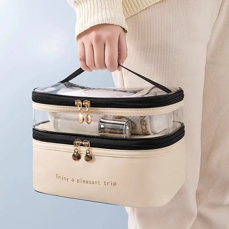 sac de toilette imperméable en pvc pour femme 2026, sac de voyage portable en cuir, grande capacité, organiseur de maquillage de voyage