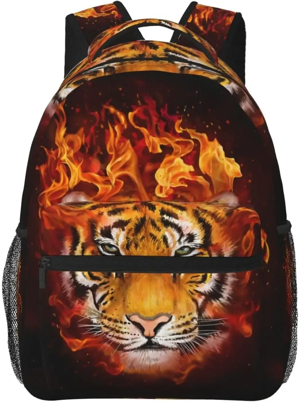 sac dos polyester imprimé tigre rayures noires orange fond beige poches latérales zip grande ouverture bandouliere chaîne usage voyage école randonnée camping