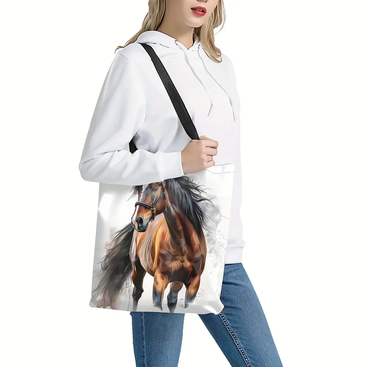 sac fourre-tout imprimé cheval dynamique | 1 pièce | lin | grande capacité, durable | travail, école, shopping | 40x40cm