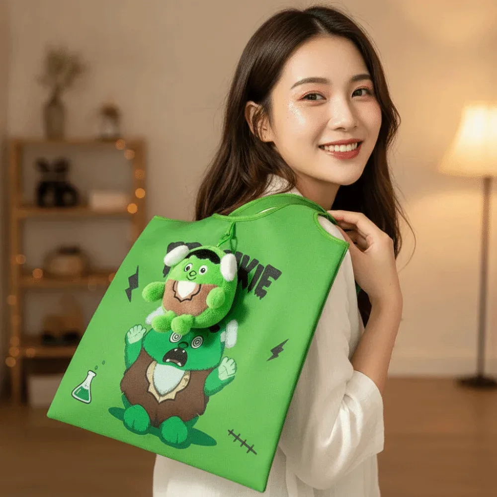 sac fourre-tout d'épicerie halloween couleur unie, mini sac à main de dessin animé peu encombrant, étui en peluche, sac 2-en-1 pliable rapidement, pochette porte-breloque