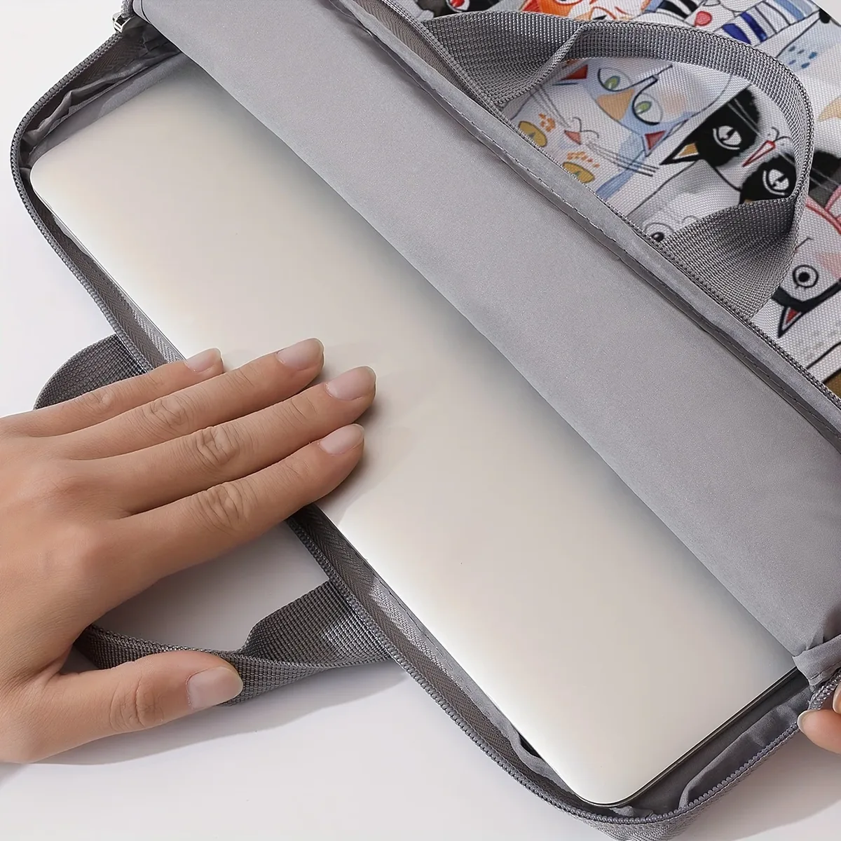 sacoche polyester motif chats oiseaux blanc doublure polyester fermeture éclair adapté ordinateur portable voyage business classement verifié porte documents