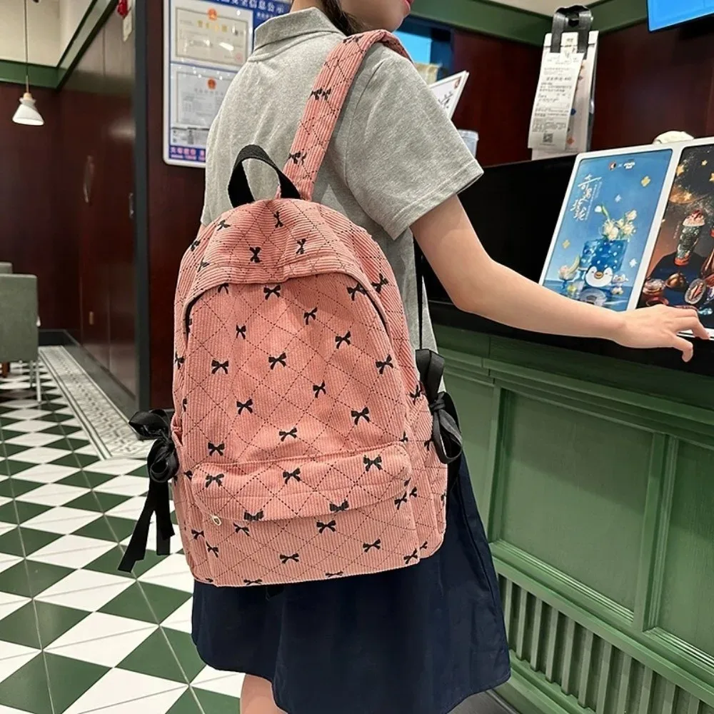 sac à dos en velours côtelé style coréen tendance, grande capacité, imprimé nœud, avec bretelles réglables, pour collégiens