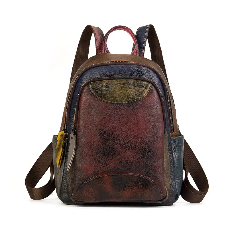 sac à dos vintage en cuir véritable pour femme, patchwork, sacs à bandoulière en cuir de vache véritable, mode dames, fourre-tout de voyage