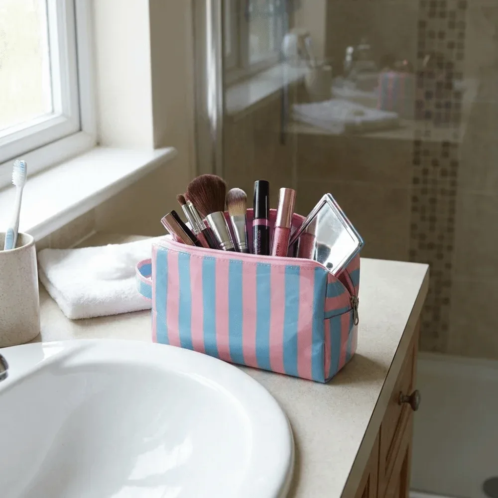 trousse de toilette rayée imperméable rose simple sac de rangement cosmétique de voyage grande capacité portable organisateur de maquillage en pvc plage