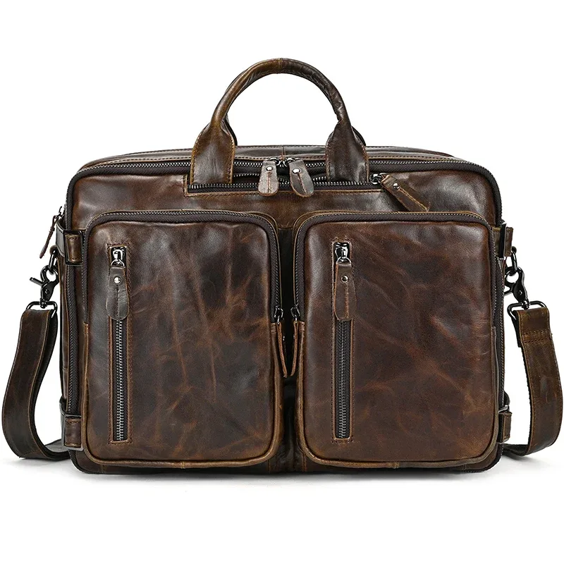 sac à dos en cuir de vache à double fermeture éclair, sac à bandoulière de bonne qualité, mallette de voyage et de bureau à double usage, en cuir pur
