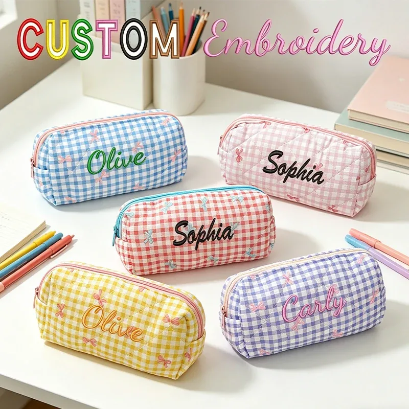 broderie personnalisée/style standard 2 options, trousse de maquillage imprimée avec nœud, trousse à crayons, début de la rentrée scolaire!