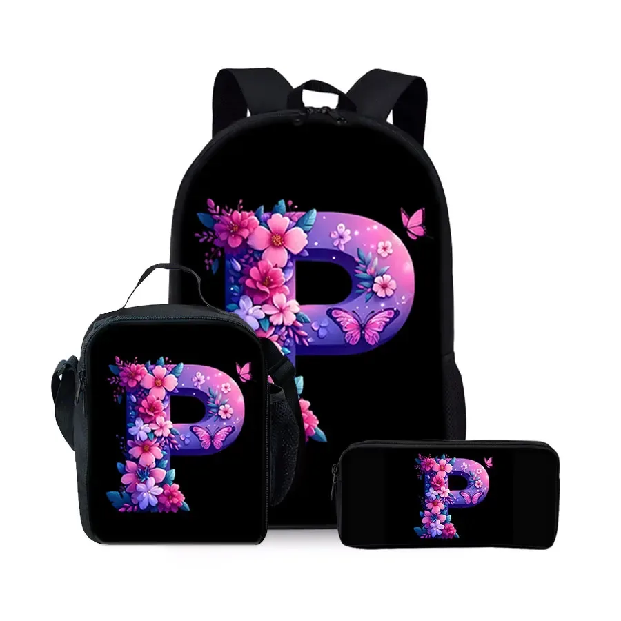 nouvel ensemble de sacs à dos trois pièces à motif alphabet anglais pour garçons et filles – meilleurs cadeaux – sac à dos scolaire plat 2d dessin animé pour enfants