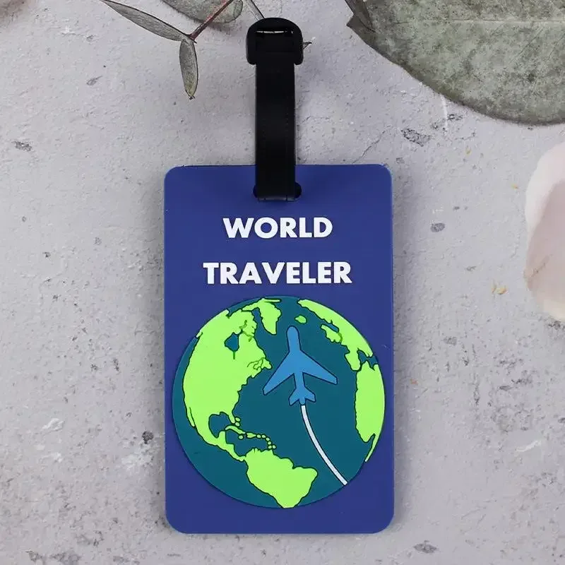 étiquette bagage plastique motif world traveler my tour avion bleu rouge rose vert marron identité voyage croisière