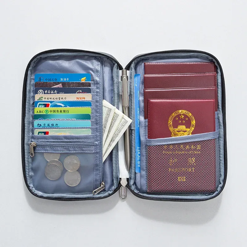 organisateur de documents de voyage avec blocage rfid, organiseur de documents multi-emplacements avec fermeture éclair, étui pour cartes de crédit en cuir pu pour hommes et femmes