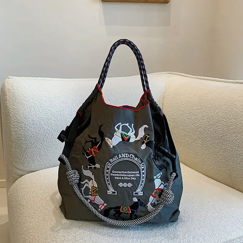 sac fourre-tout en nylon brodé pour femmes, sac messager de grande capacité, sac de shopping décontracté pour femmes