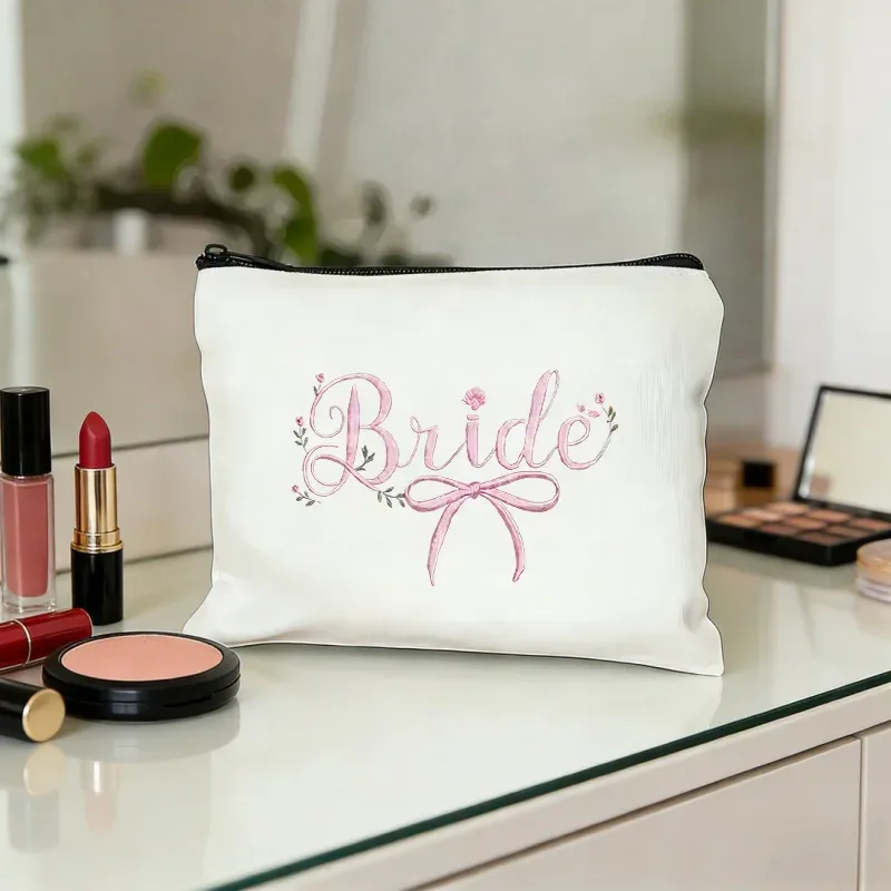 pochette de maquillage exclusive pour la mariée, motif nœud aquarelle, pochette de rangement légère, sac de voyage à thème mariage, idéal comme cadeau romantique pour la mariée