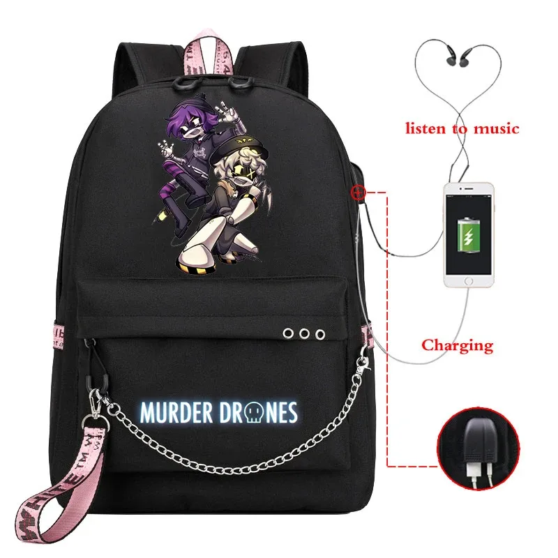 sac dos toile dessin animé personnages colorés logo murder drones chaîne métallique câble usb voyage capacité 20 35 litres