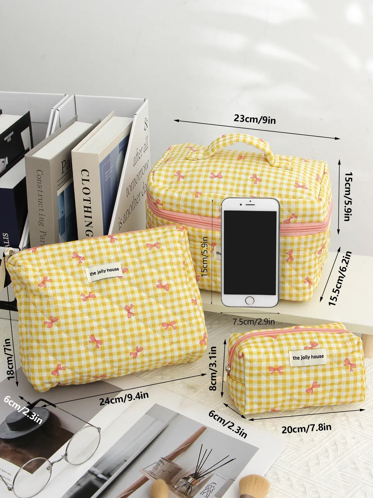 trousse polyester carreaux jaunes nœuds roses voyage cosmétiques maquillage grande capacité s m xl