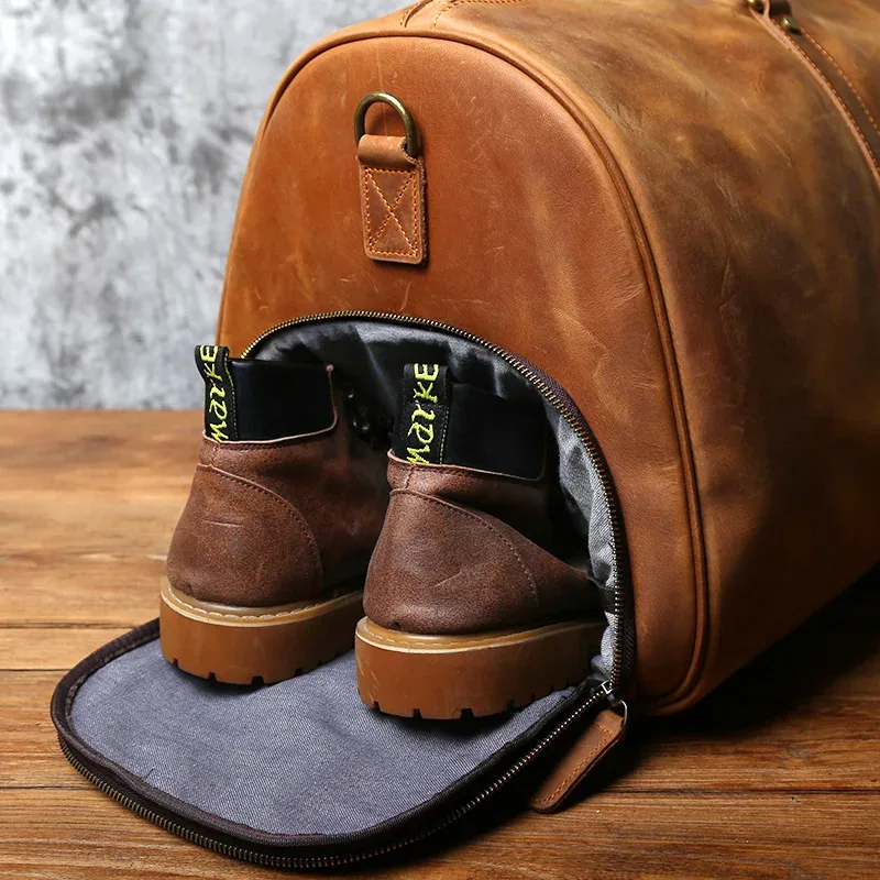 nzpj – sac à main rétro en cuir de cheval fou pour hommes, sac de voyage de grande capacité, sac à bandoulière avec couche supérieure en cuir de vache