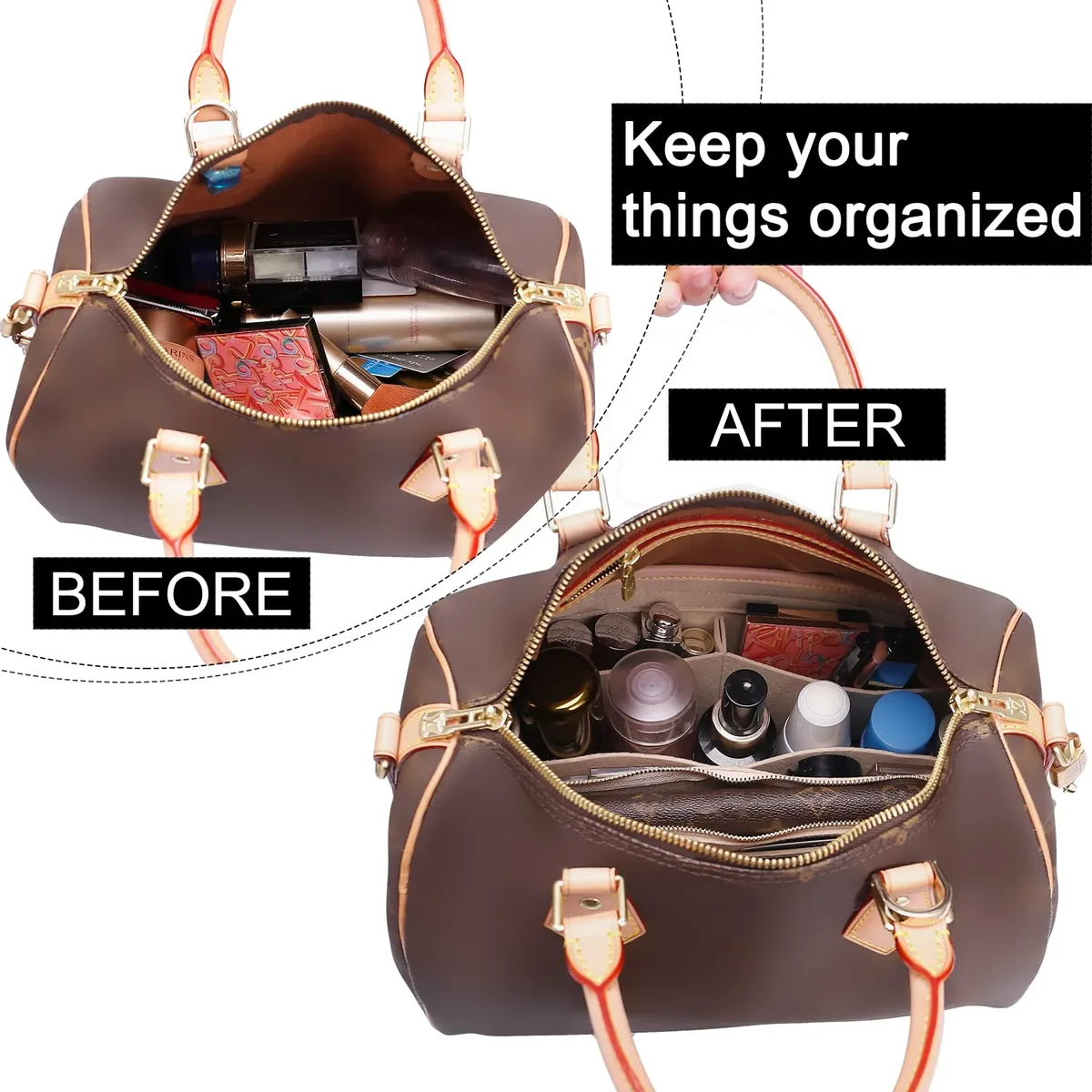 insert organisateur de sac à main pour lv speedy25 30 35, organisateur de sac fourre-tout, séparateur de sac, insert organisateur en feutre, avec fermeture éclair pocke tbag dans le sac