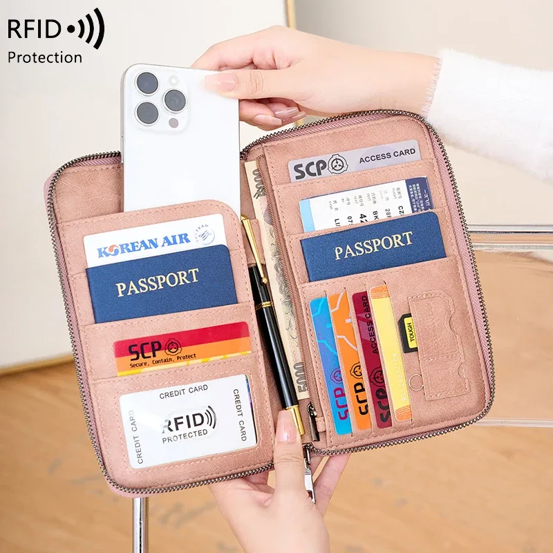 nouveau portefeuille de voyage multifonctionnel en cuir pu pour hommes et femmes, porte-cartes anti-rfid, anti-vol, sac de rangement