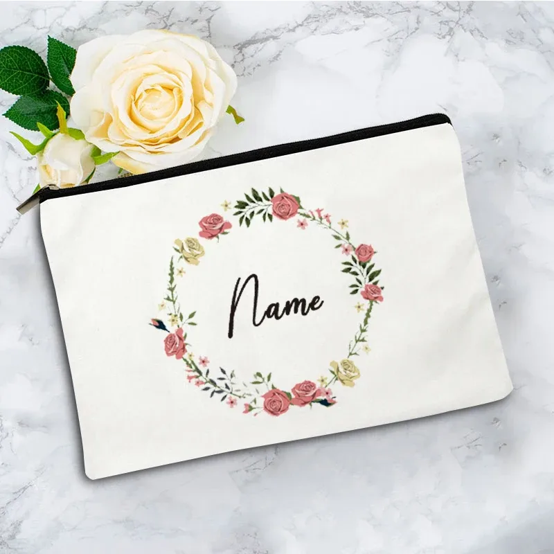 pochette zippée à motif floral pour femme, sac de voyage, organisateur en toile, trousse de maquillage, cadeau pour enseignant avec nom personnalisé lady f