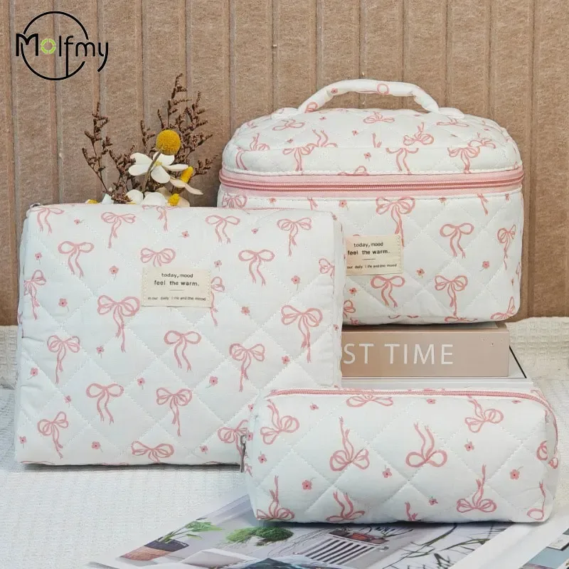 3 pièces sac de maquillage nœud papillon matelassé femmes sacs à cosmétiques portable fermeture éclair maquillage organisateur de voyage sac à main de rangement pochette de toilette 2025