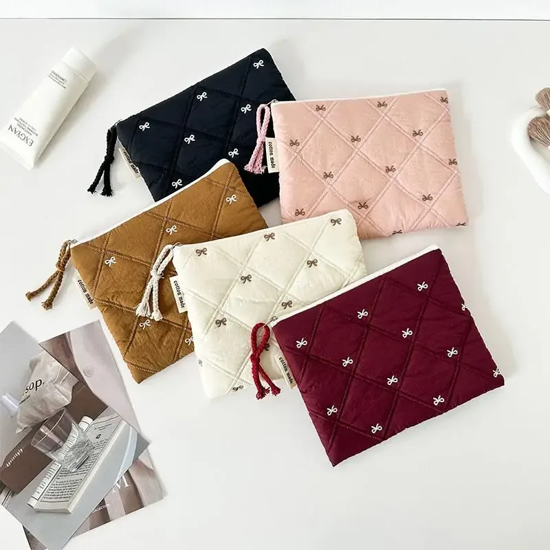 pochette à cosmétiques matelassée avec nœud brodé, grande capacité, sac à papeterie multifonctionnel, trousse à stylos