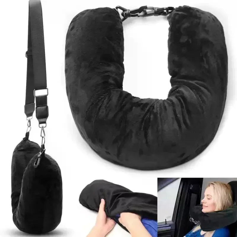 oreiller voyage cou velours doux noir glissière sac rangement bleu marine transport nuit avion confort sécurité