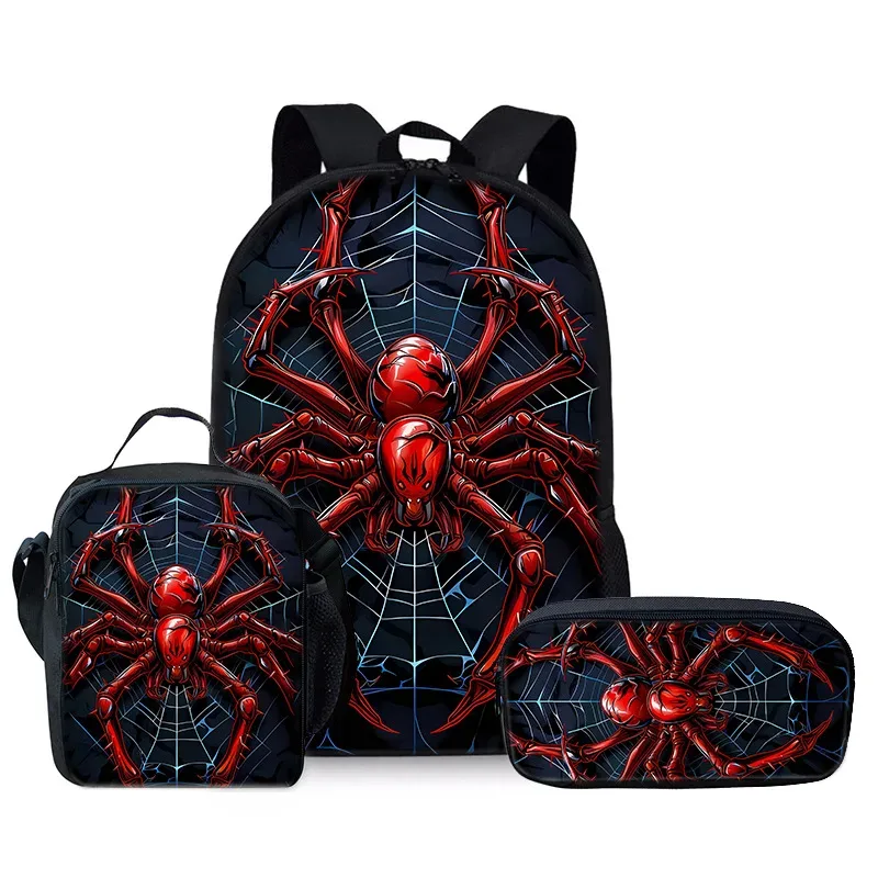 Sac à dos scolaire 3D imprimé araignée, ensemble de 3 pièces, sac à dos pour ordinateur portable, sac à bandoulière, sac à déjeuner et trousse à crayons – Nouveauté classique et populaire