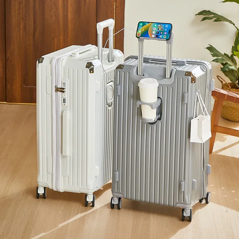 valise bagage roulante abs dur beige bleu noir marron grande capacité toupie poignée latérale porte gobelet support téléphone pratique