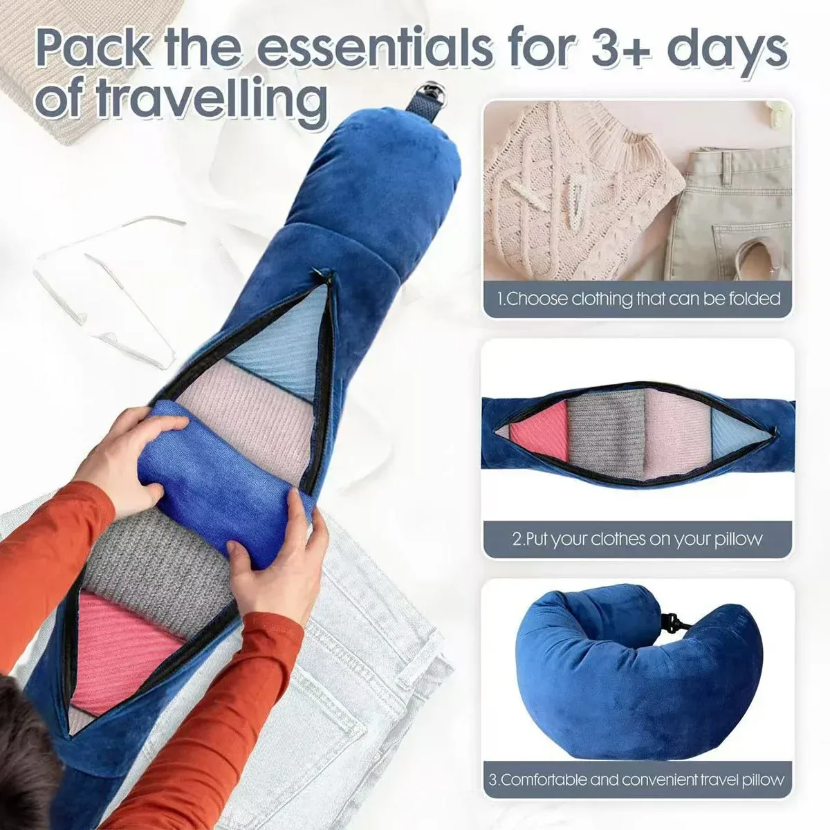 oreiller de voyage pour le cou avec sac de rangement pour vêtements, taie d'oreiller en forme de u, housse d'oreiller en polaire cristalline pour les voyages en avion