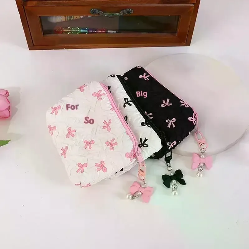 trousse de maquillage en tissu avec nœud mignon, pochette cosmétique pour femme, organiseur de voyage portable pour rouge à lèvres et écouteurs, petite pochette de rangement