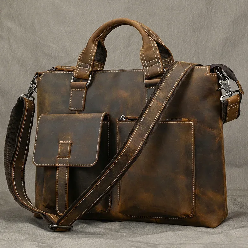 mode crazy horse mallette en cuir sac hommes sacs pour ordinateur portable hommes officetote sac en cuir de vache sac à main a4 portefeuille hommes sacs à main