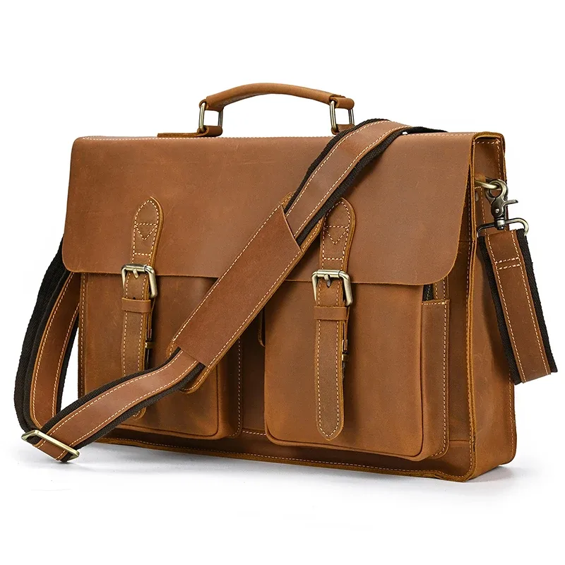 sac d'ordinateur en cuir de vachette véritable pour homme, sac pour ordinateur portable, étui à bombes, 100% cuir véritable, mode vintage, luxe, 15.6"