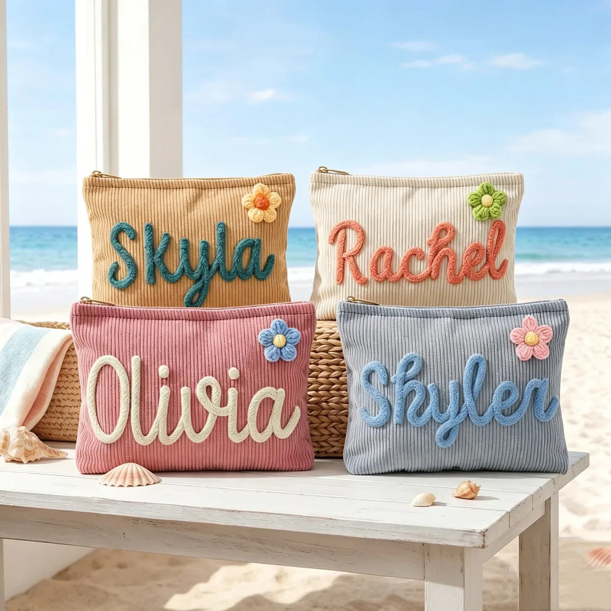 trousse de maquillage personnalisée en velours côtelé, cadeau pour demoiselle d'honneur, pochette de voyage pour les vacances, trousse de toilette personnalisée avec nom, trousse de toilette de voyage