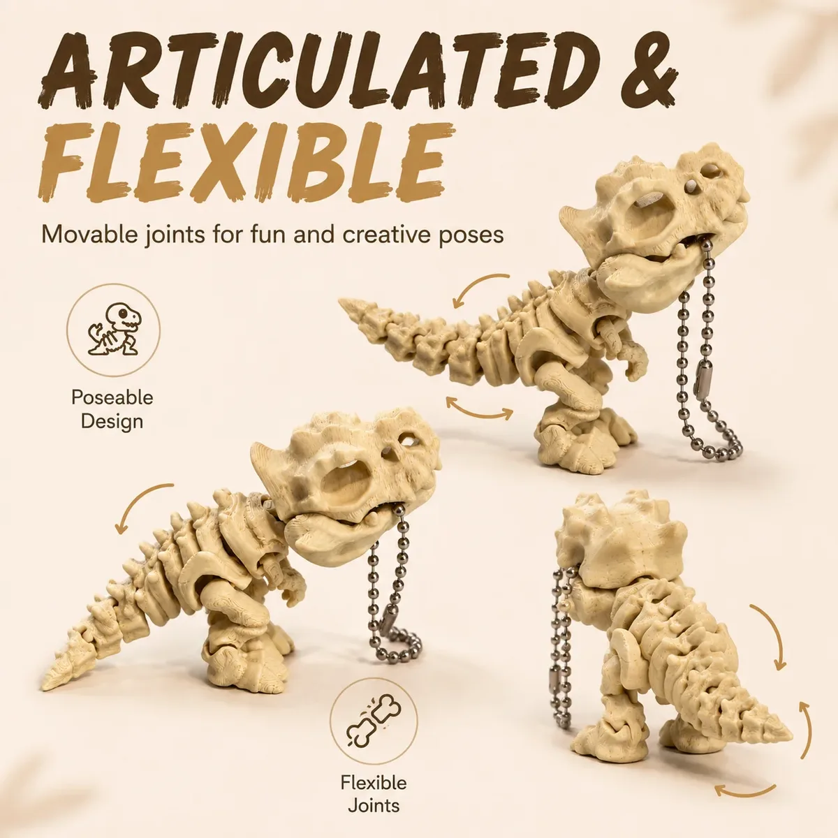 porte-clés dinosaure imprimé en 3d, squelette articulé, articulations mobiles, breloque pour sac à dos, cadeau pour les amoureux des dinosaures