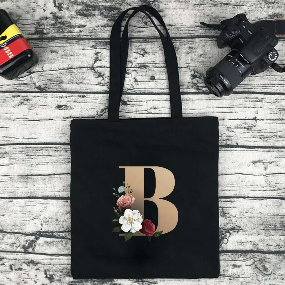 sac de shopping écologique pour femmes, sac à bandoulière portable pliable noir, sac à main réutilisable de grande capacité avec lettres, fourre-tout bolsos
