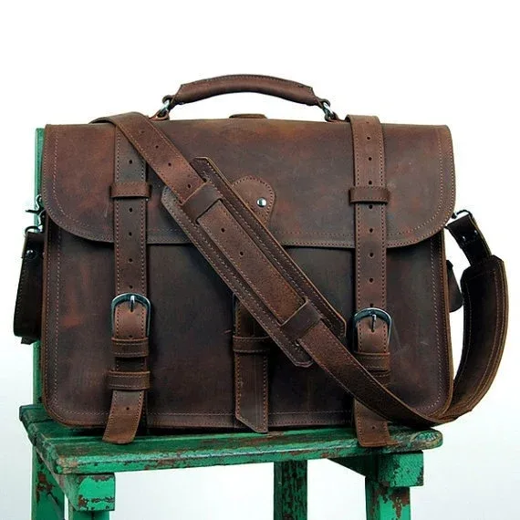 porte-documents en cuir véritable crazy horse vintage pour homme, sac d'affaires, grand porte-documents en cuir, sac à bandoulière pour ordinateur portable 17 pouces, sac de bureau