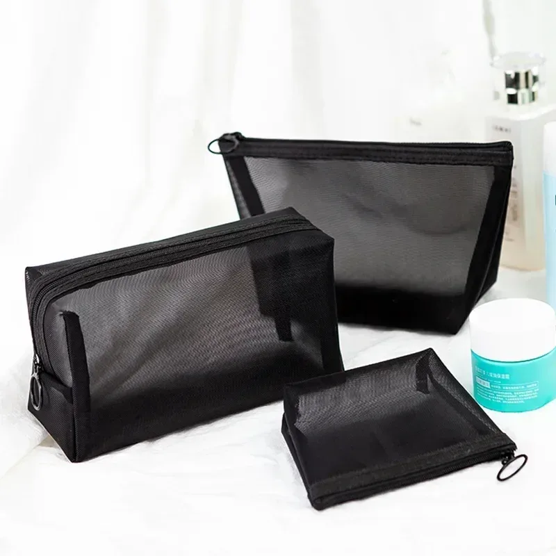trousses de toilette en maille noire pour femmes, trousse de maquillage de voyage, petite et grande trousse, organisateur, étuis à cosmétiques, rangement d'articles de toilette, pochette à main