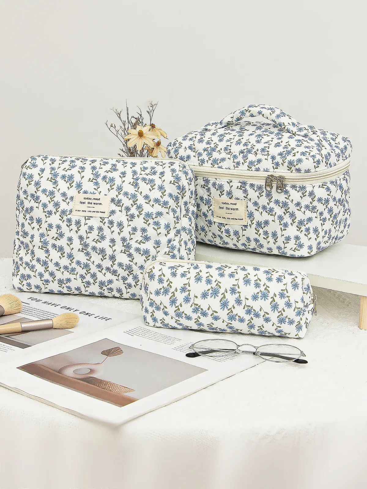 trousse polyester floral bleu jaune violet voyage cosmétiques maquillage toilette portable grande capacité matelassée multifonctionnelle