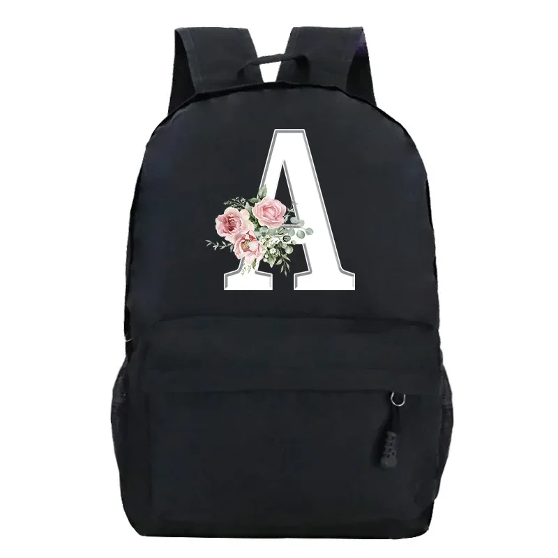 étudiant dames rose floral alphabet blanc impression sac à dos femmes fleur harajuku cartables femme rose lettre sac à bandoulière