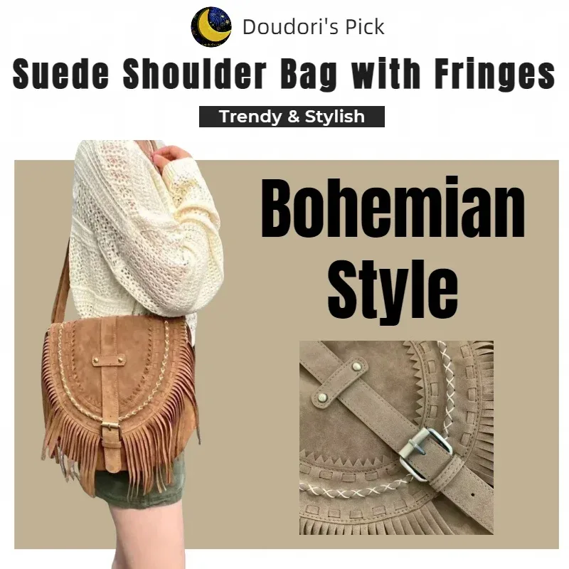 sac à bandoulière en faux daim, sac à pompon, sac de selle rétro adapté aux dames et aux filles, sac à bandoulière de style bohème avec franges, style américain
