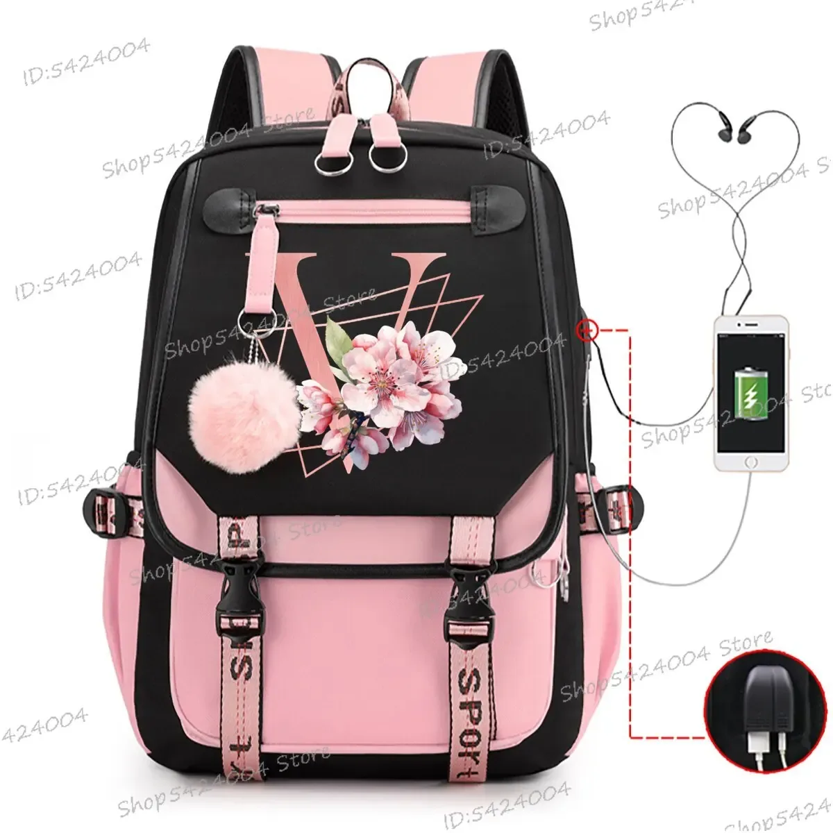 sac dos nylon unisexe rose noir lettre initiale motifs floral personnages voyage adolescents toile interne ordinateur poche fentes compartiments