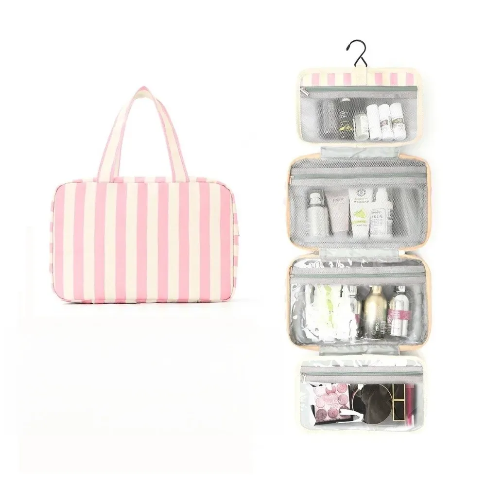 sac de toilette de voyage portable à suspendre, organisateur de cosmétiques à 4 compartiments rayés avec crochet, sac de cosmétiques de grande capacité pour voyage
