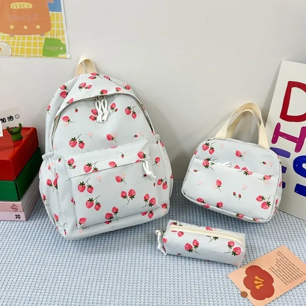 sac à dos fraise en tissu oxford, sac d'école réglable de grande capacité, style preppy avec sac à déjeuner et trousse à crayons, sac à dos de voyage